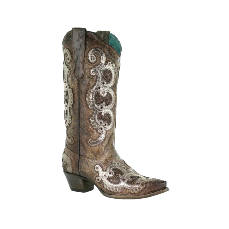 women's cowboy boots with low heelCorral Women's Overlay Embroidery & Studs Brown & Grey Boots