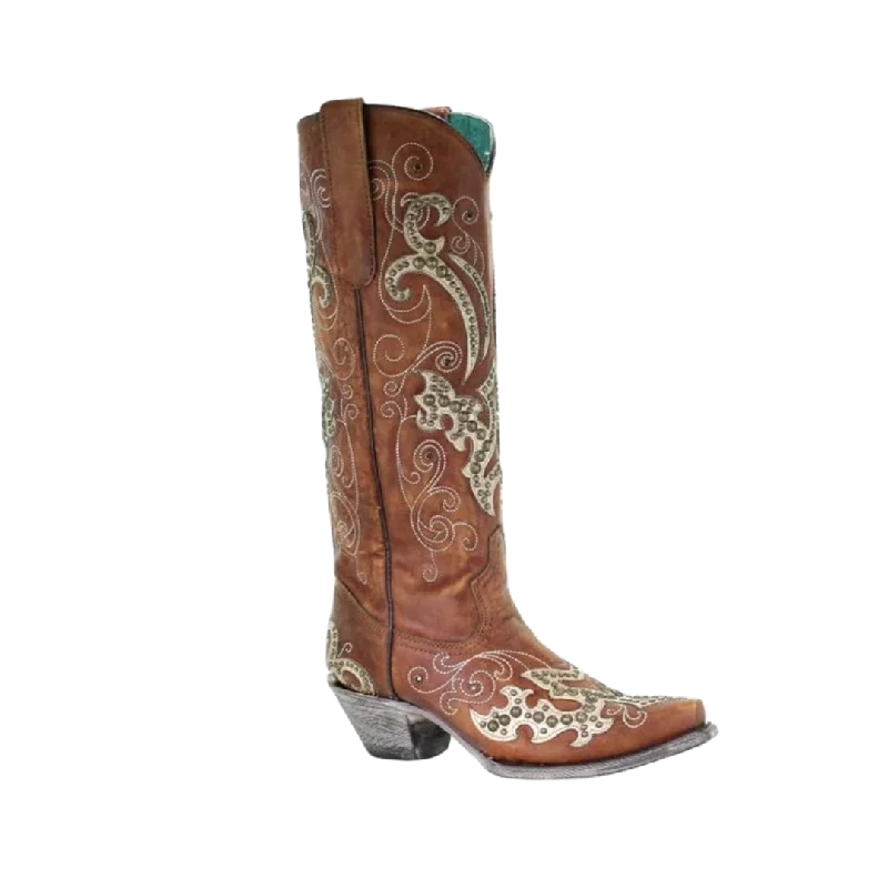 women's tall cowboy bootsCorral Women's Overlay Embroidery Studs and Crystals Brown Boots