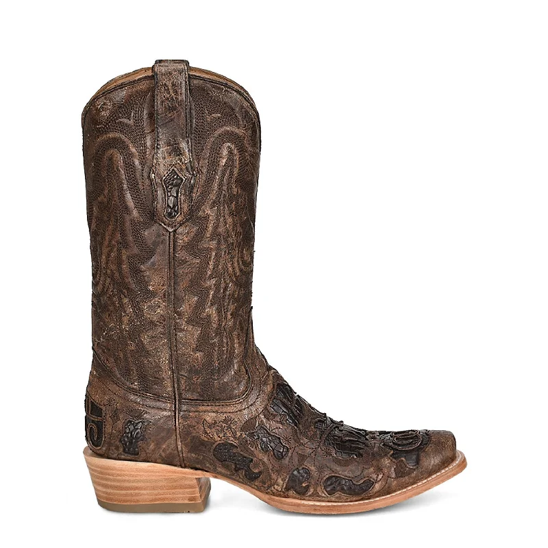 women's cowboy boots with stacked heelCorral Womens Inlay Horseman Toe Chocolate Alligator Leather 12.5in Cowboy Boots