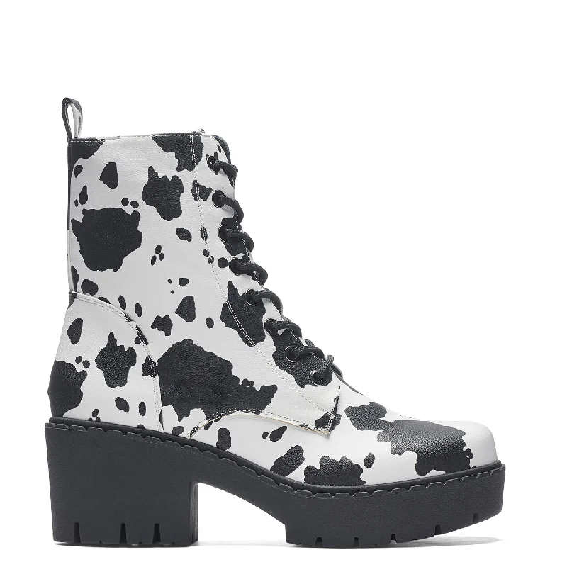 women's ankle boots with bucklesDaisy Cow Print Switch Lace Up Boots