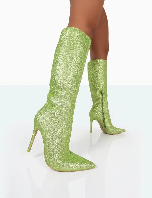 women's heeled boots for street styleDiva Lime Glitter Pointed Toe Stiletto Knee High Boots