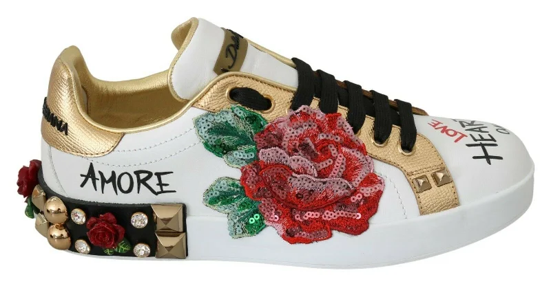 women's booties with platformDolce & Gabbana White Roses Sequined Crystal Womens Sneakers Shoes