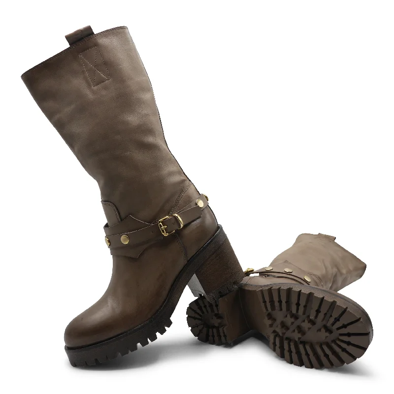 Women's biker boots for a shopping spreeE5O952 - Taupe Leather Biker Boot