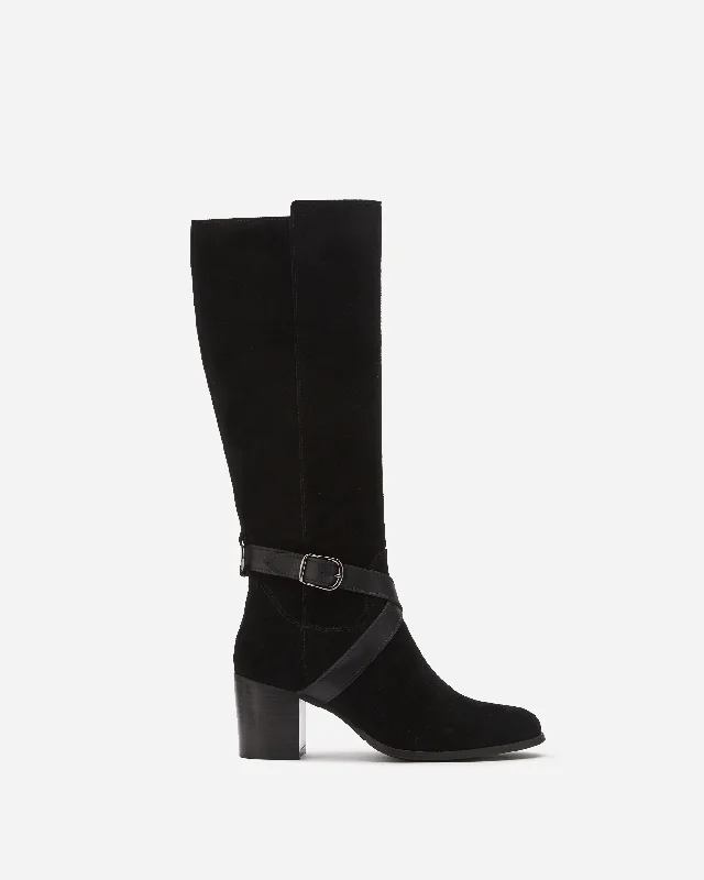 women's heeled boots with low heelEaston Knee High Boots in Black Suede