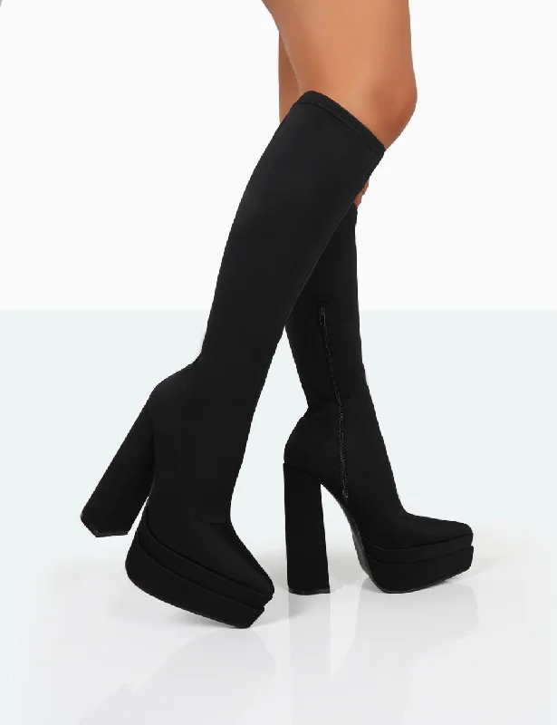 women's heeled boots for travelEnd Game Black Lycra Platform Pointed Toe Block Heel Knee High Boots