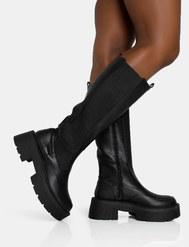 women's heeled boots for curvy figuresEvergreen Black Knee High Elasticated Detail Chunky Heeled Sole Boots