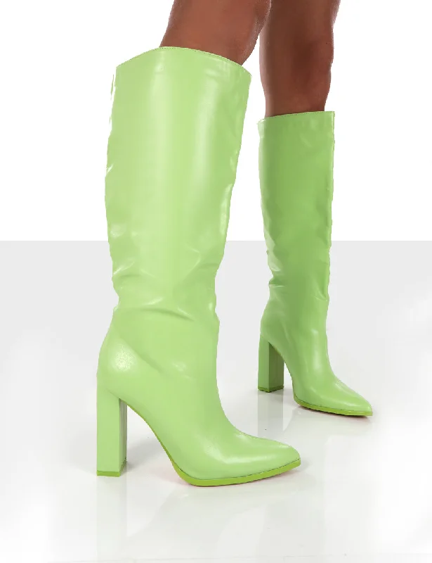 women's heeled boots with cutoutsFar Away Lime Grain PU Square Toe Knee High Block Boots