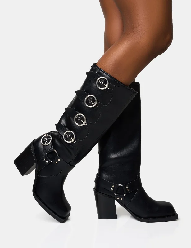 women's heeled boots with slouchFetish Black Pu Buckle Detail Knee High Boots