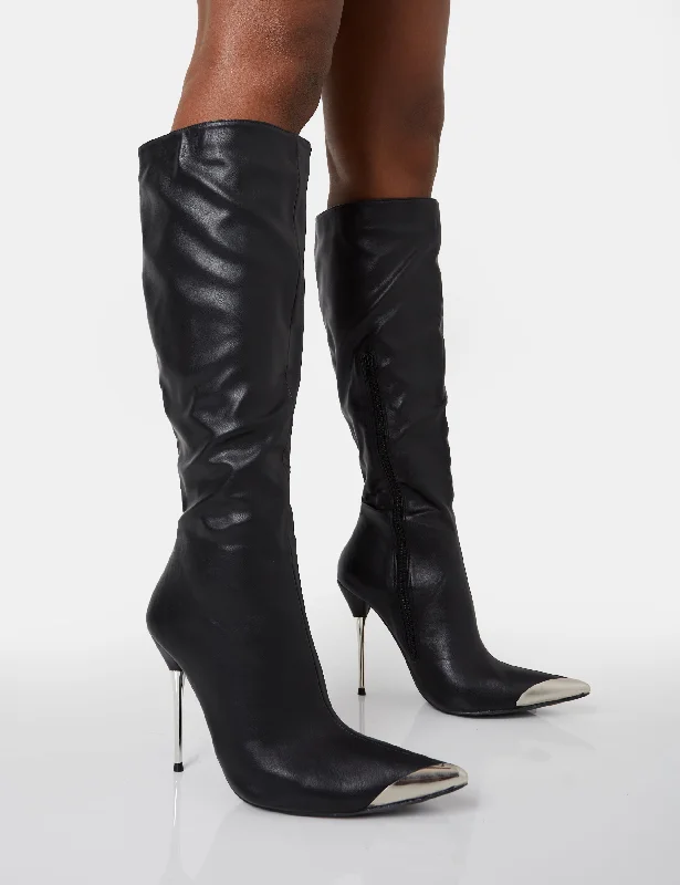 women's heeled boots for special occasionsFinery Black Pu Metal Toe Capped Zip Up Knee High Stiletto Boots