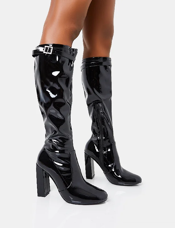 women's heeled Chelsea bootsFirst Class Black Buckle Strap Detail Knee High Block Heeled Boots