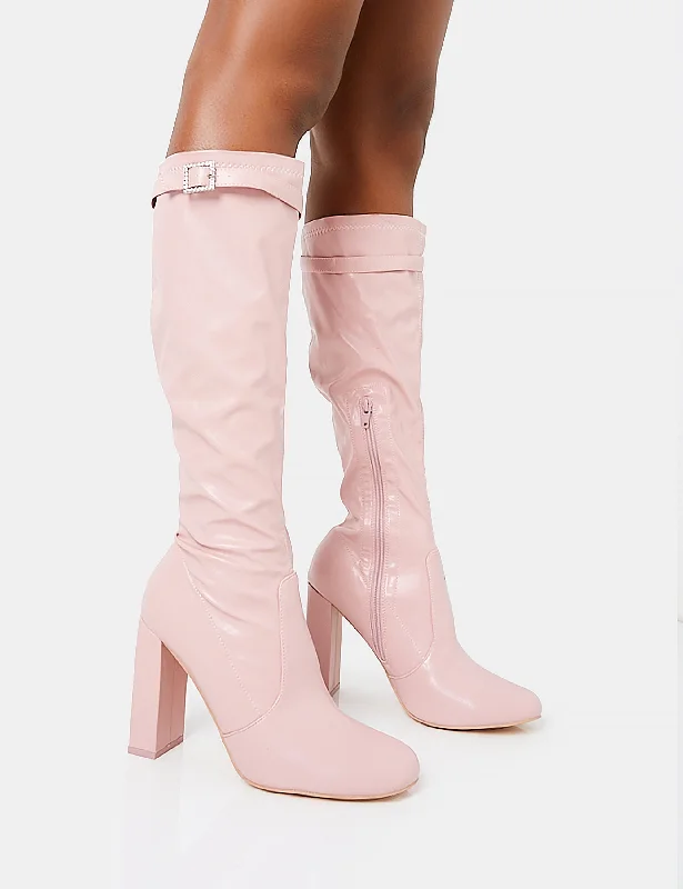 women's heeled boots for petiteFirst Class Dusty Pink Buckle Strap Knee High Block Heeled Boots