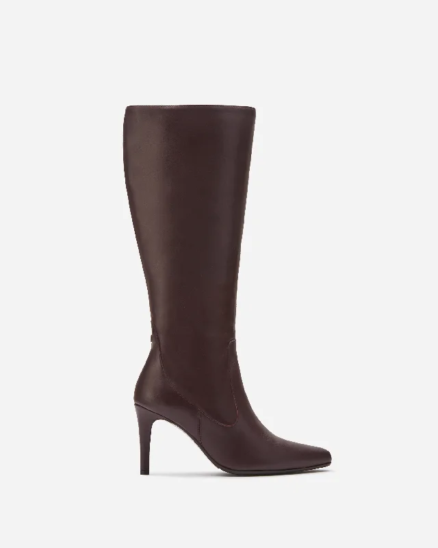 women's heeled boots with embroideryFreya Knee High Boots in Burgundy Leather