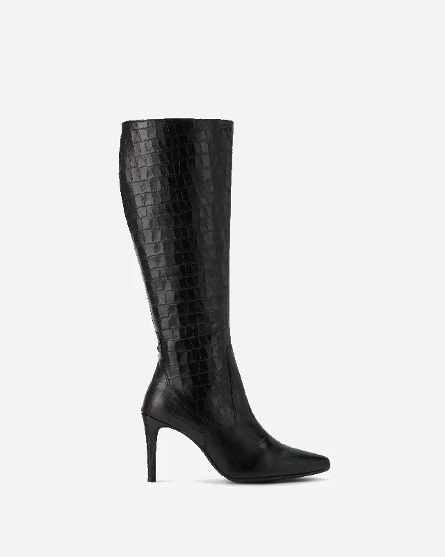 women's heeled boots in metallic finishesFreya Knee High Boots in Black Croc