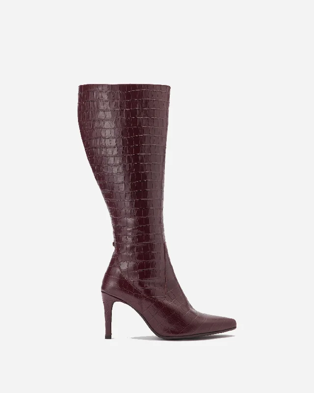 women's heeled boots with bucklesFreya Knee High Boots in Burgundy Croc