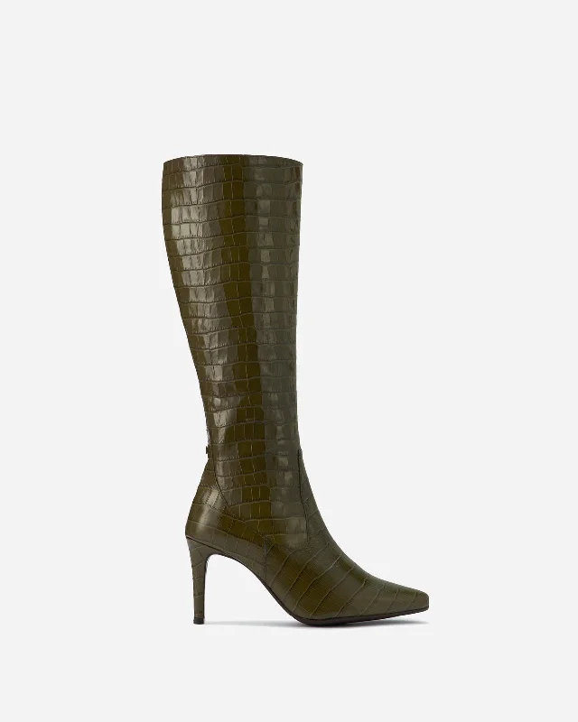 women's heeled boots for curvy figuresFreya Knee High Boots in Green Croc