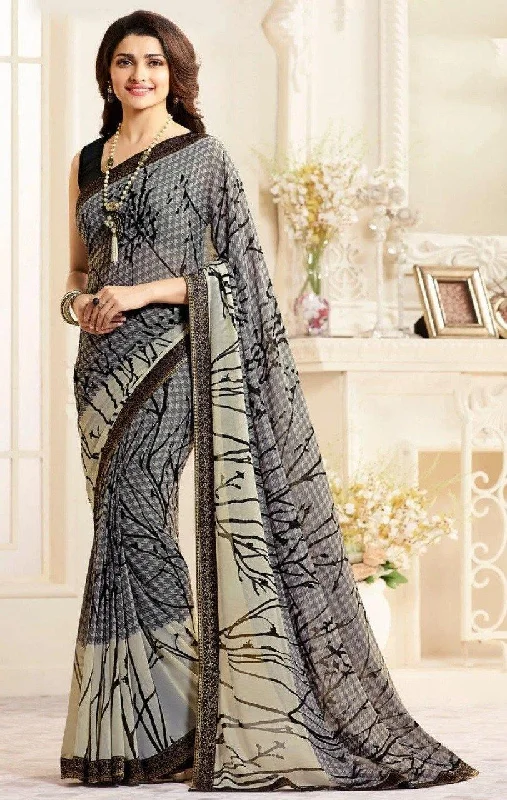 women's western boots for workDazzling Gray Casual Printed Georgette Saree