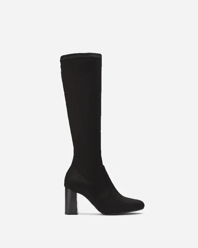 women's heeled boots for outdoor eventsHarper Knee High Boots in Black Suedette