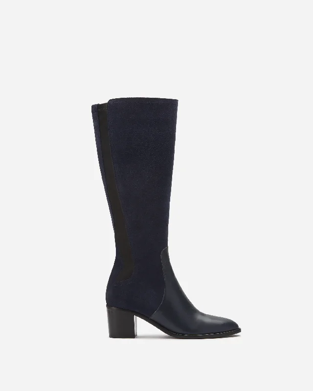 women's over-the-knee heeled bootsHestia Knee High Boots in Navy Suede