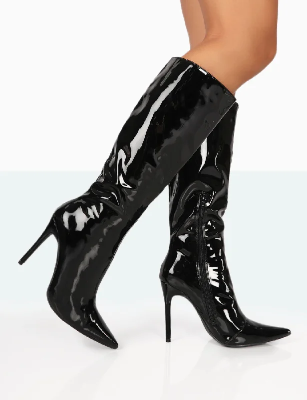 women's winter heeled bootsHorizon Black Patent Stiletto Knee High Pointed Heeled Boots