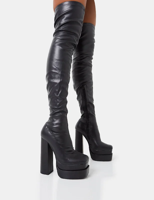 women's heeled boots with studsIdentity Black Grain Pu Platform Heel Over The Knee Boots