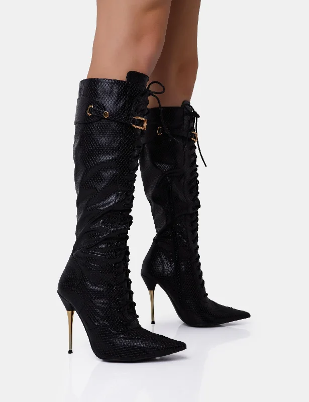 women's block heel bootsInfatuated Black Croc Lace Up Buckle Feature Stiletto Knee High Boots