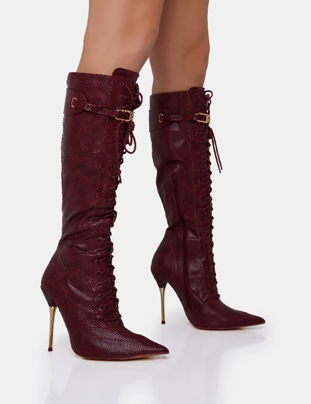 suede heeled boots for womenInfatuated Burgundy Croc Lace Up Gold Stiletto Knee High Boots