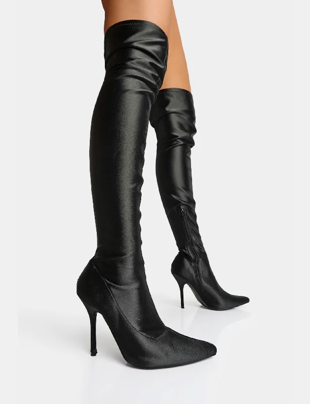 women's heeled boots with tassel detailsInstinct Black Lycra Pointed Toe Stiletto Over The Knee Boots