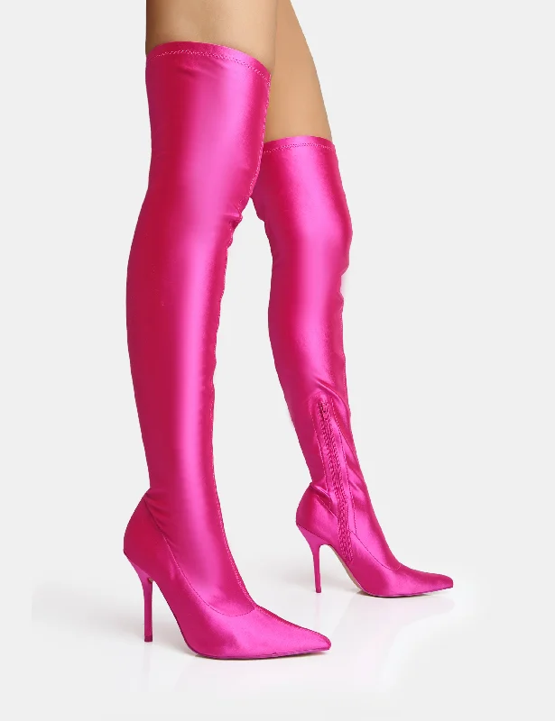 women's heeled boots with velvet textureInstinct Pink Lycra Pointed Toe Stiletto Over The Knee Boots