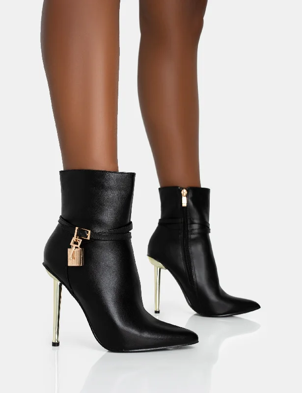 women's heeled boots with zippersJalan Black Pu Padlock Pointed Toe Gold Stiletto Heel Ankle Boots