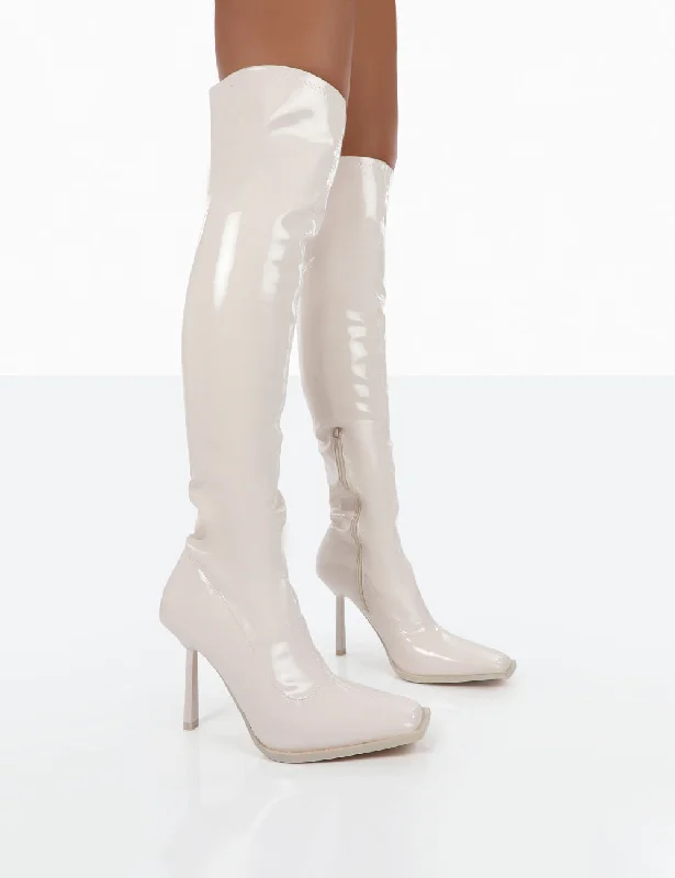 women's heeled boots with square toesJenine Ecru Patent Over The Knee Stiletto Heeled Boots