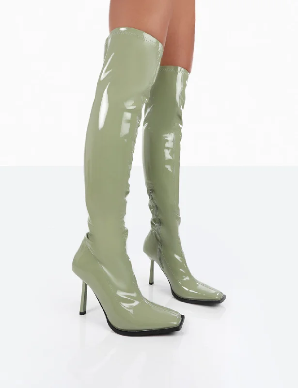 women's heeled boots with side goreJenine Green Patent Over The Knee Stiletto Heeled Boots