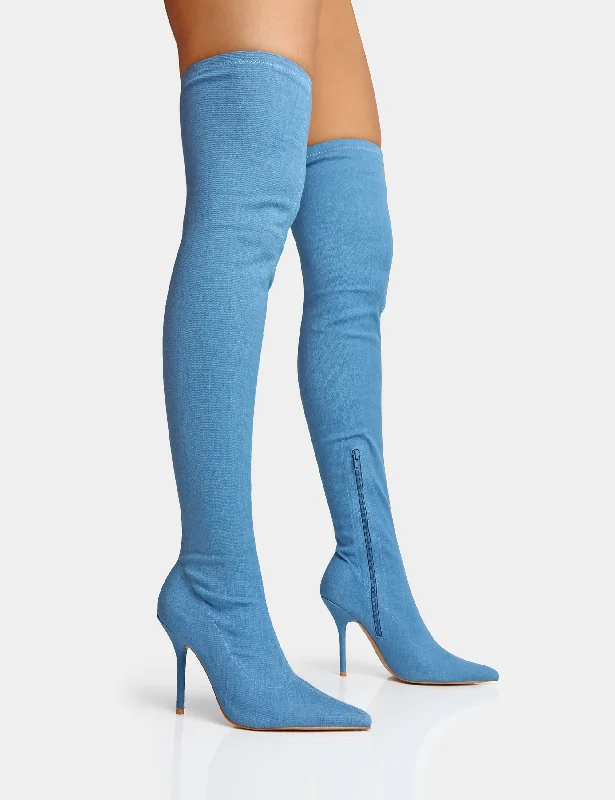 women's heeled boots for office wearJodie Blue Denim Seam Detail Pointed Toe Stiletto Over The Knee Boots