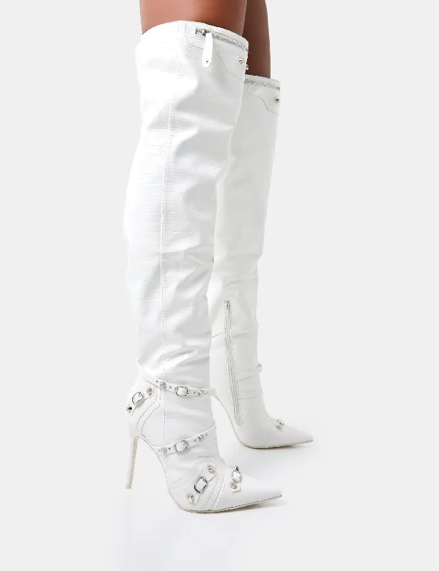 women's heeled boots for wide calvesKodak White Croc Pointed Toe Zip Detail Over The Knee Boots