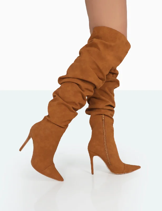 women's leather heeled bootsLariza Tan Faux Suede Pointed Toe Stiletto Over the Knee Boots