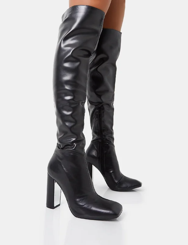 women's heeled boots for special occasionsLasta Black Pu Rounded Square Toe Block Heeled Over The Knee Boots