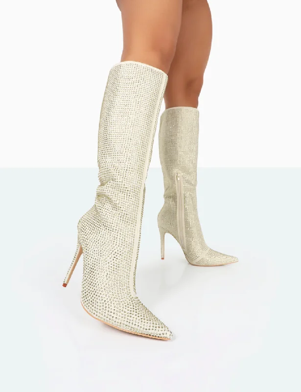 women's heeled boots in neutral colorsLexi Gold Diamante Stiletto Knee High Boots