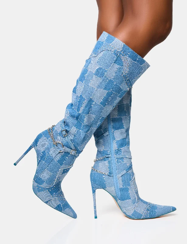 women's heeled boots with hidden wedgesMain Character Embellished Denim Patchwork Pointed Toe Stiletto Boots