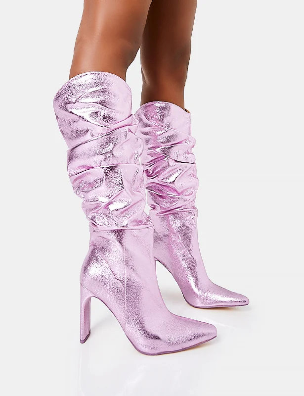 women's heeled boots with embroideryManhattan Metallic Pink Pointed Toe Knee High Narrow Block Heel Boots