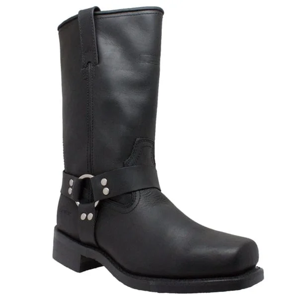 Women's classic black leather biker boots with silver zippersMen's 13" Harness Boots - PU Sole