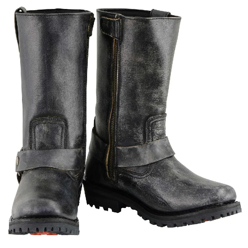 Women's purple biker boots for a unique and regal appearanceMen's Distressed Leather 11-inch Gray Square Toes Motorcycle Harness Boots