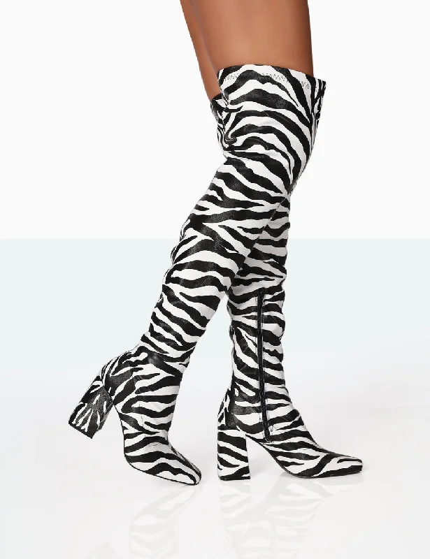 women's heeled boots for eveningMeridian Zebra Grain PU Block Heel Over the Knee High Boots