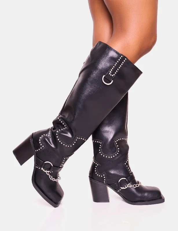 women's heeled boots in metallic finishesNashville Black Western Studded Block Heel Knee High Boot