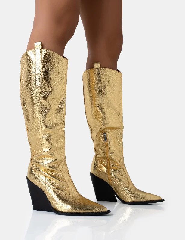 women's heeled boots for wide calvesNevada Gold Metallic Western Cowboy Block Heel Knee High Boots