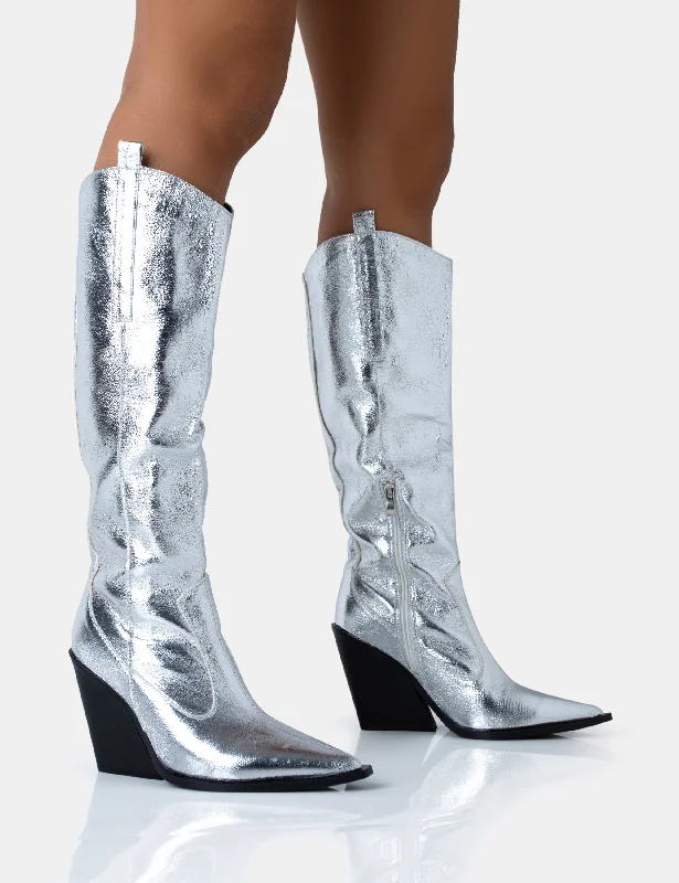 women's heeled boots for workNevada Silver Metallic Western Cowboy Block Heel Knee High Boots