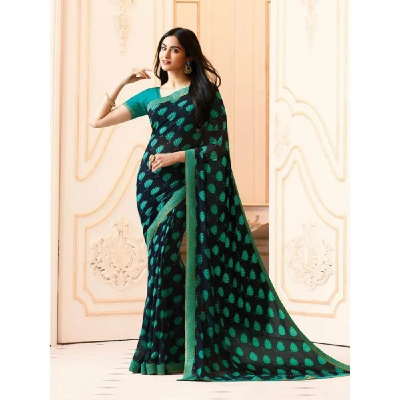 women's moto boots with quilted panelsNavy Blue-Green Colored Casual Wear Printed Georgette Saree