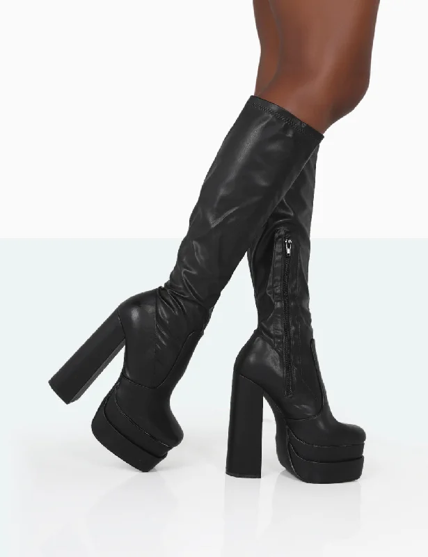 women's heeled boots for curvy figuresPassive Wide Fit Black Pu Platform Block High Heel Over the Knee Boots