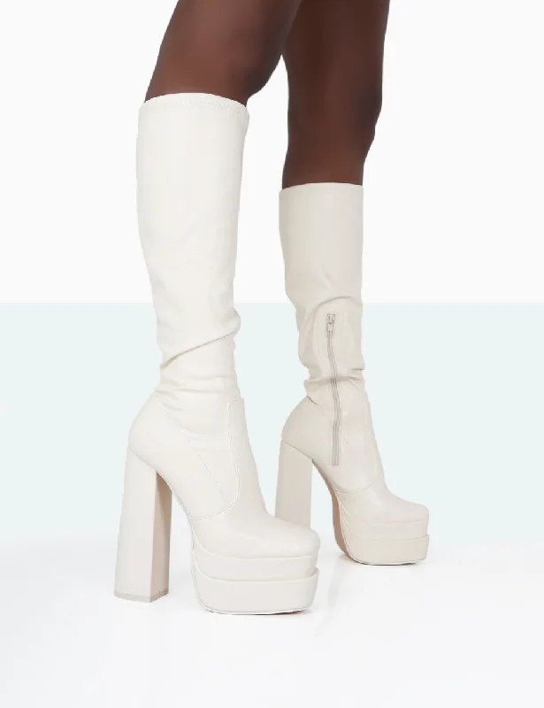 women's heeled boots with embroideryPassive Wide Fit Ecru Pu Platform Block High Heel Over the Knee Boots