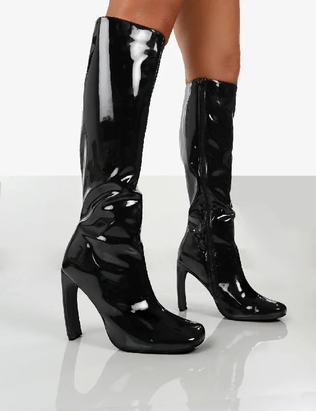 women's heeled boots for outdoor eventsPeppa Black Patent Block Heel Knee High Boots