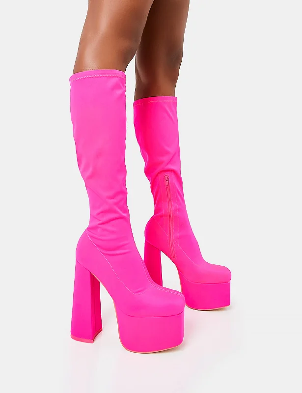 women's heeled boots for street stylePolished Hot Pink Nylon Platform Rounded Block Heeled Knee High Boots