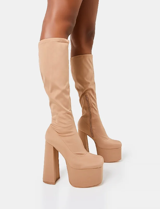 women's heeled boots in neutral colorsPolished Taupe Nylon Platform Rounded Block Heeled Knee High Boots